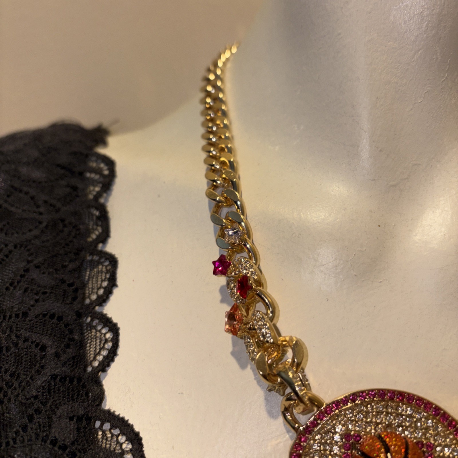 Betsey Johnson Necklace Gold Tone Basketball Hoop Drop With Orange Glitter Balls