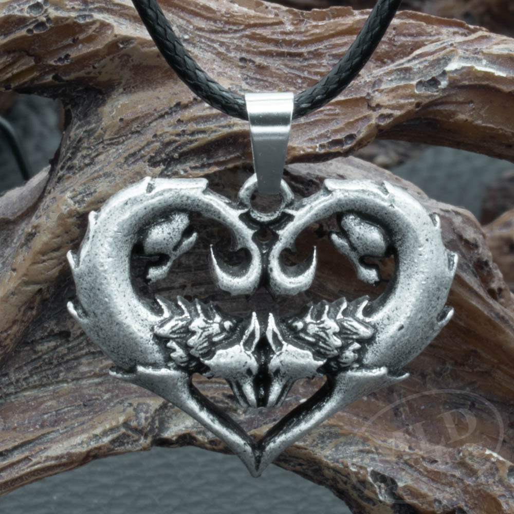 Silver Zinc Alloy Wolf Wolves Love Heart Pendant Necklace For Women w Black Cord
