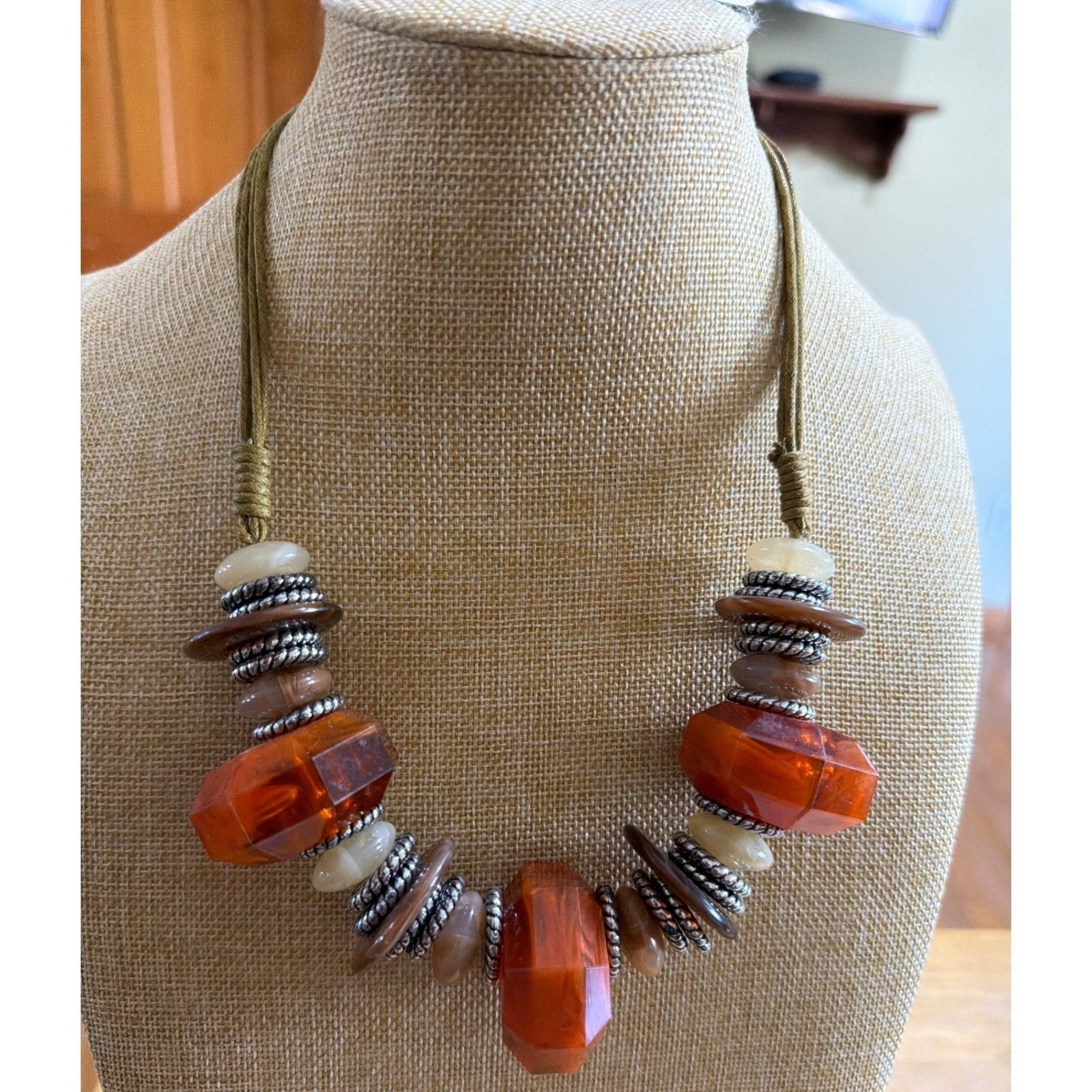 Chunky Amber Color Statement Necklace Silver Tone Multi Strand Cord Layering