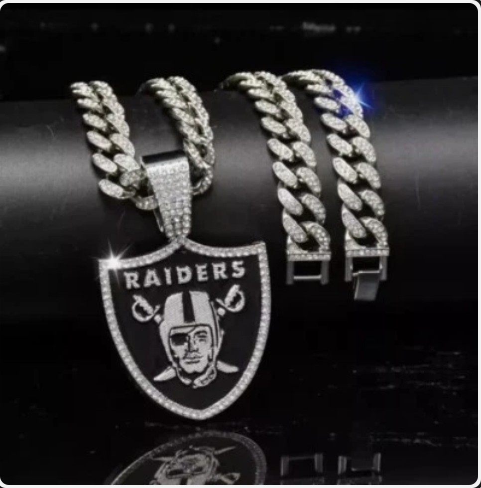 Las Vegas Raiders Silver CZ Chain Jewelry Bling Hip Hop Pendant And 24″ Chain