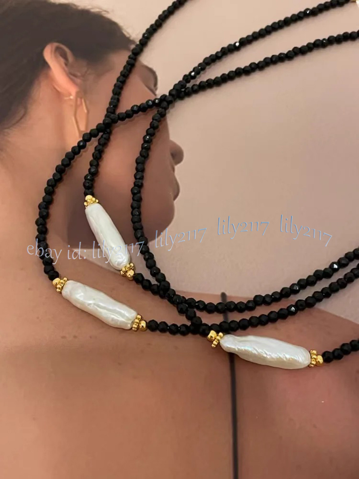 3mm Faceted Black Spinel Round Gems Natural White Baroque Stick Pearl Necklace