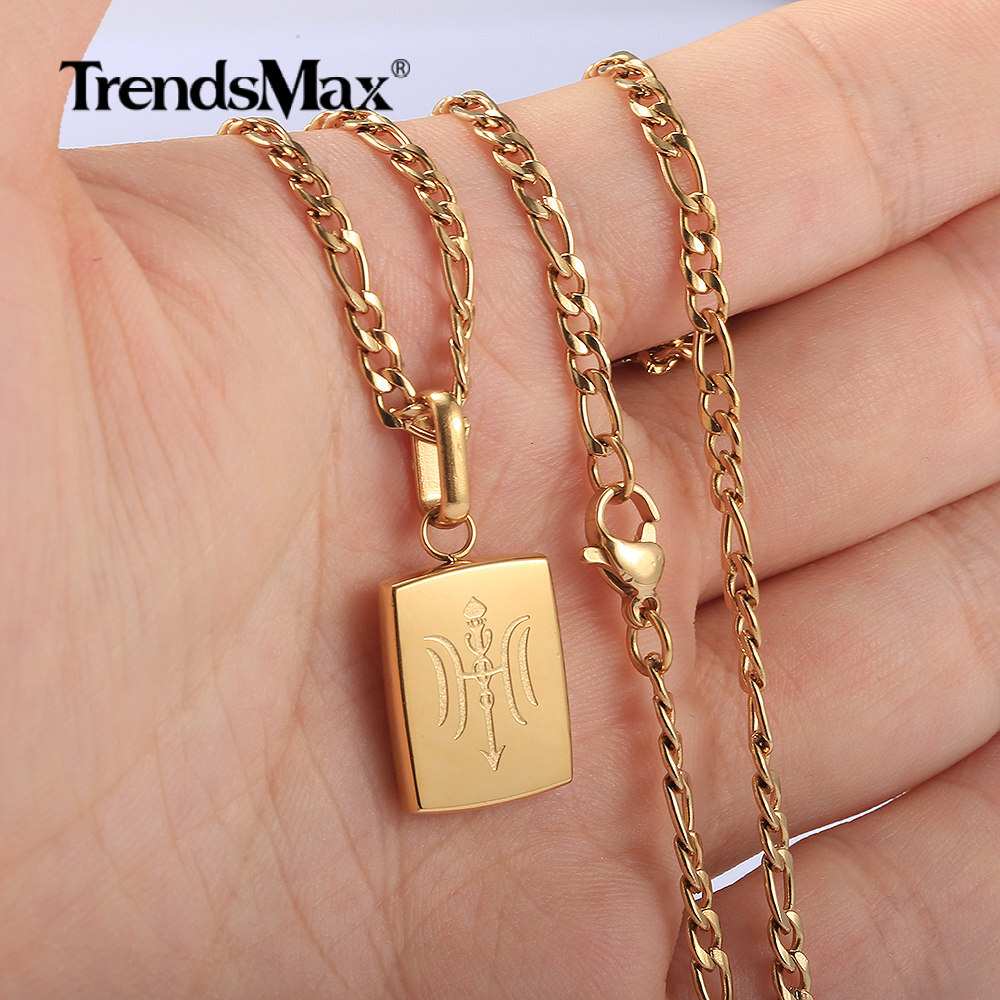Gold Plated Stainless Steel Square Pendant Charm Necklace Multi Chain New Design