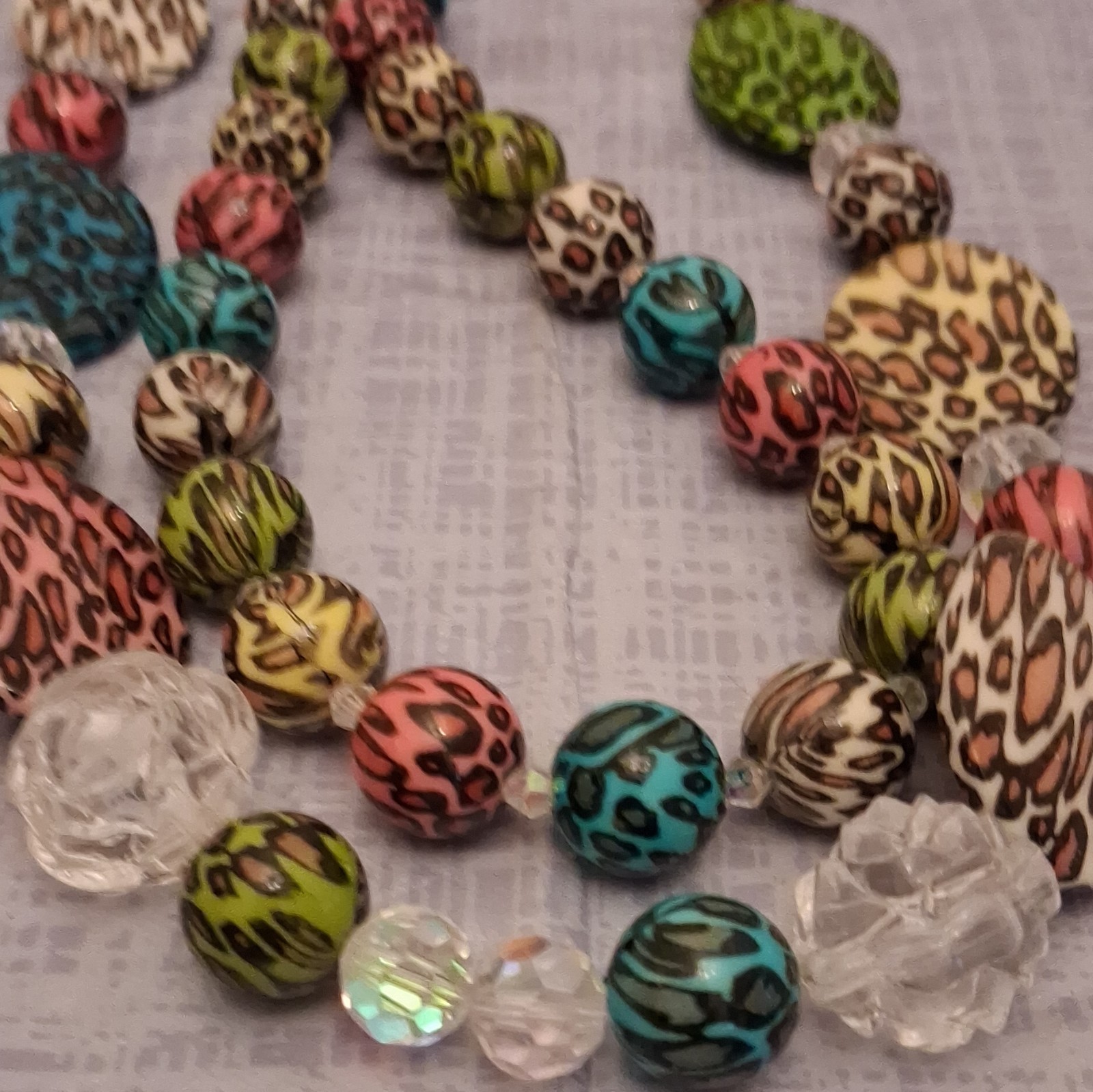 Multicolor Animal Print Statement Necklace Clear Round Glass Beads Lobster Clasp