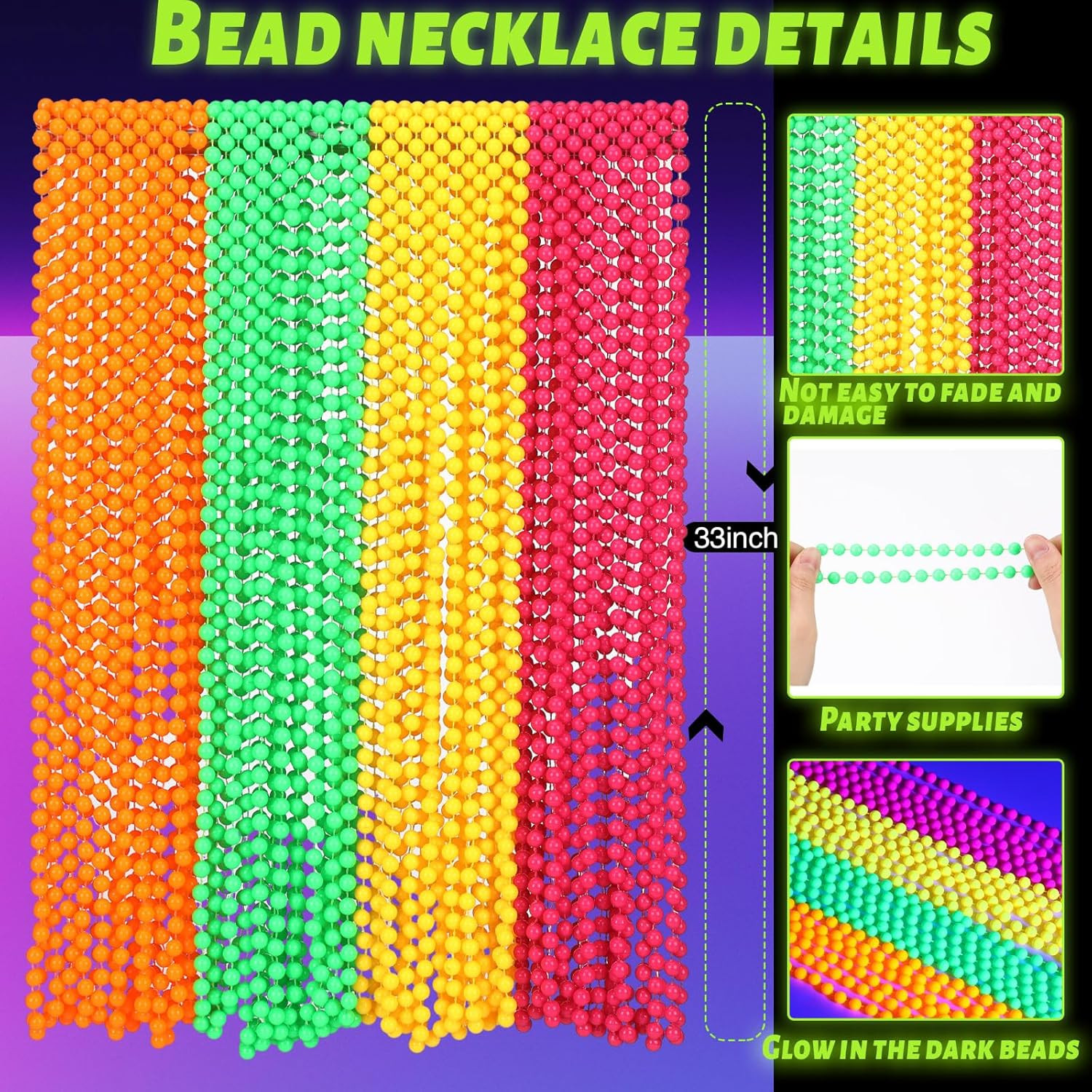 24 Pieces Neon Beads Necklaces 33″ Glow in The Dark UV Neon Bead Necklaces Glow