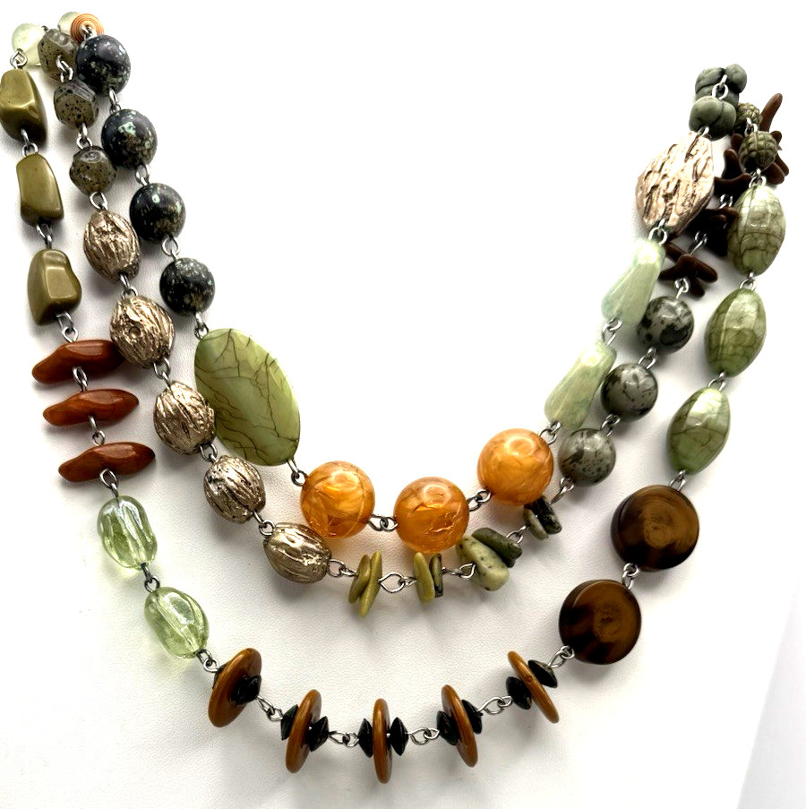 TRESKA 20″ Boho Mixed Media/Art Glass Silver Tone Multistrand Necklace