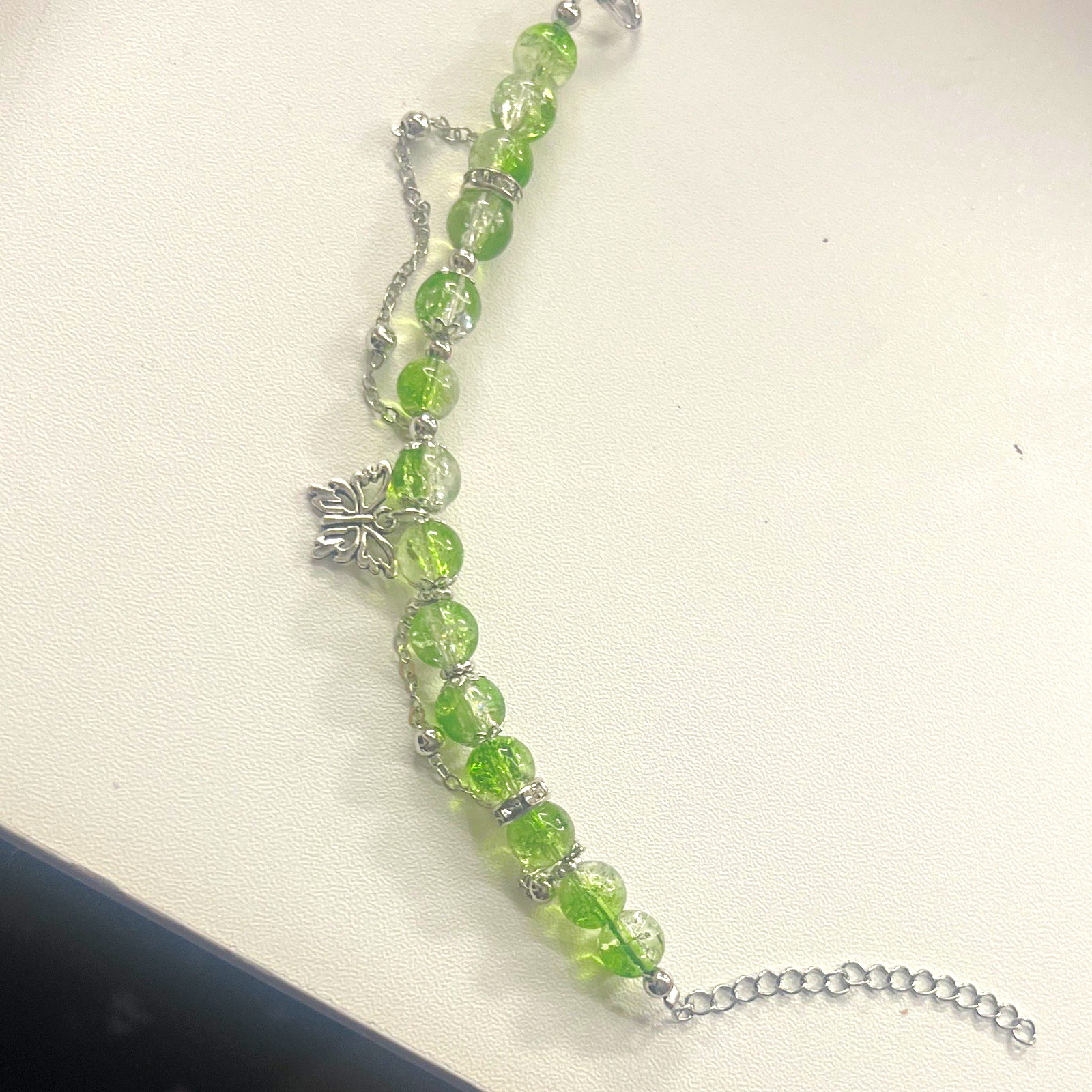 Green Glass Beaded Necklace Silver-Tone Flower Charm Cable Chain Lobster Clasp