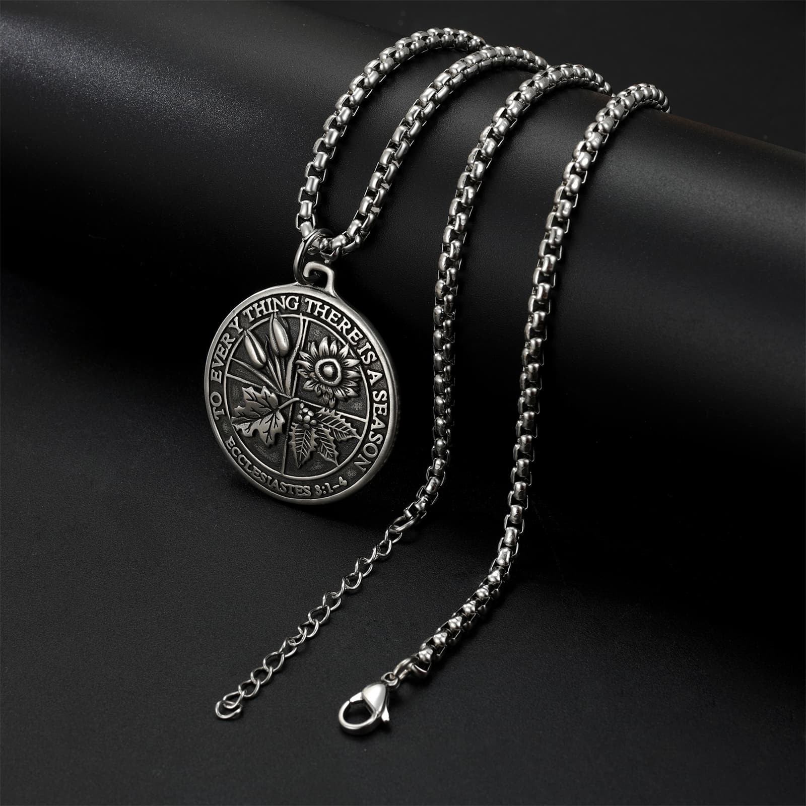 Mens Ecclesiastes 3:11 Bible Verse Herbal Embossed Stainless Steel Coin Necklace