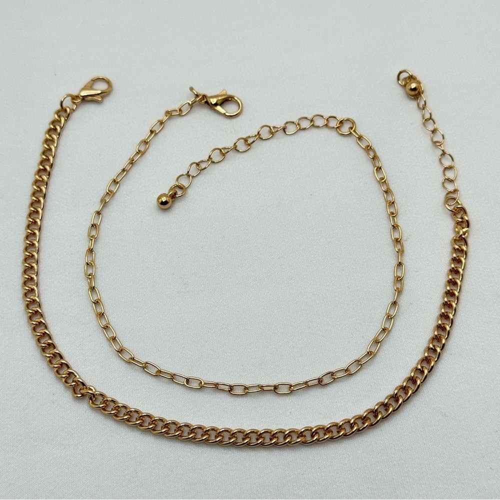 Gold Tone Layered Anklet Set Curb Chain Minimalist Adjustable Necklace