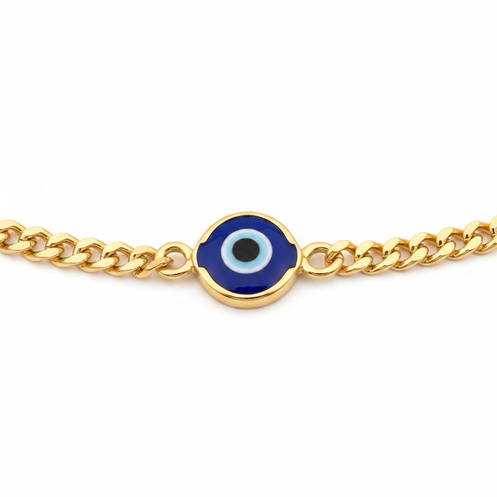 18K Gold Filled Curb Chain Anklet Royal Blue Enamel Evil Eye Charm Boho Women