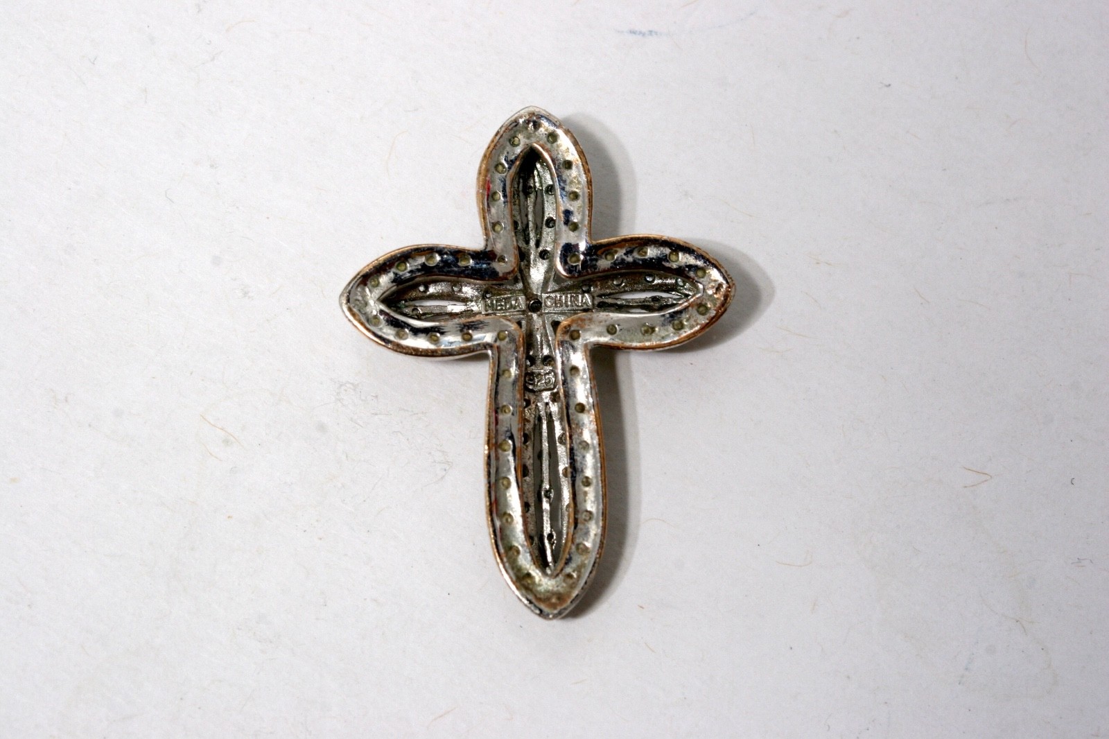 Vintage Rhinestone Cross Pendant Sterling Silver 35 x 25 mm Plate made in Spain