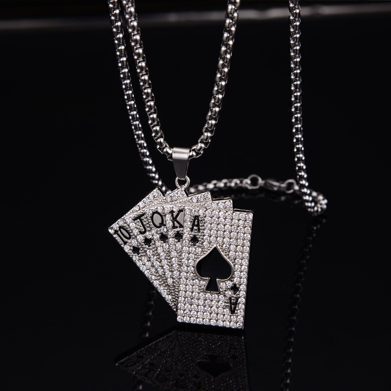 Mens Womens Silver CZ Poker Card Pendant Necklace Punk Hip Hop Jewelry Chain 24″