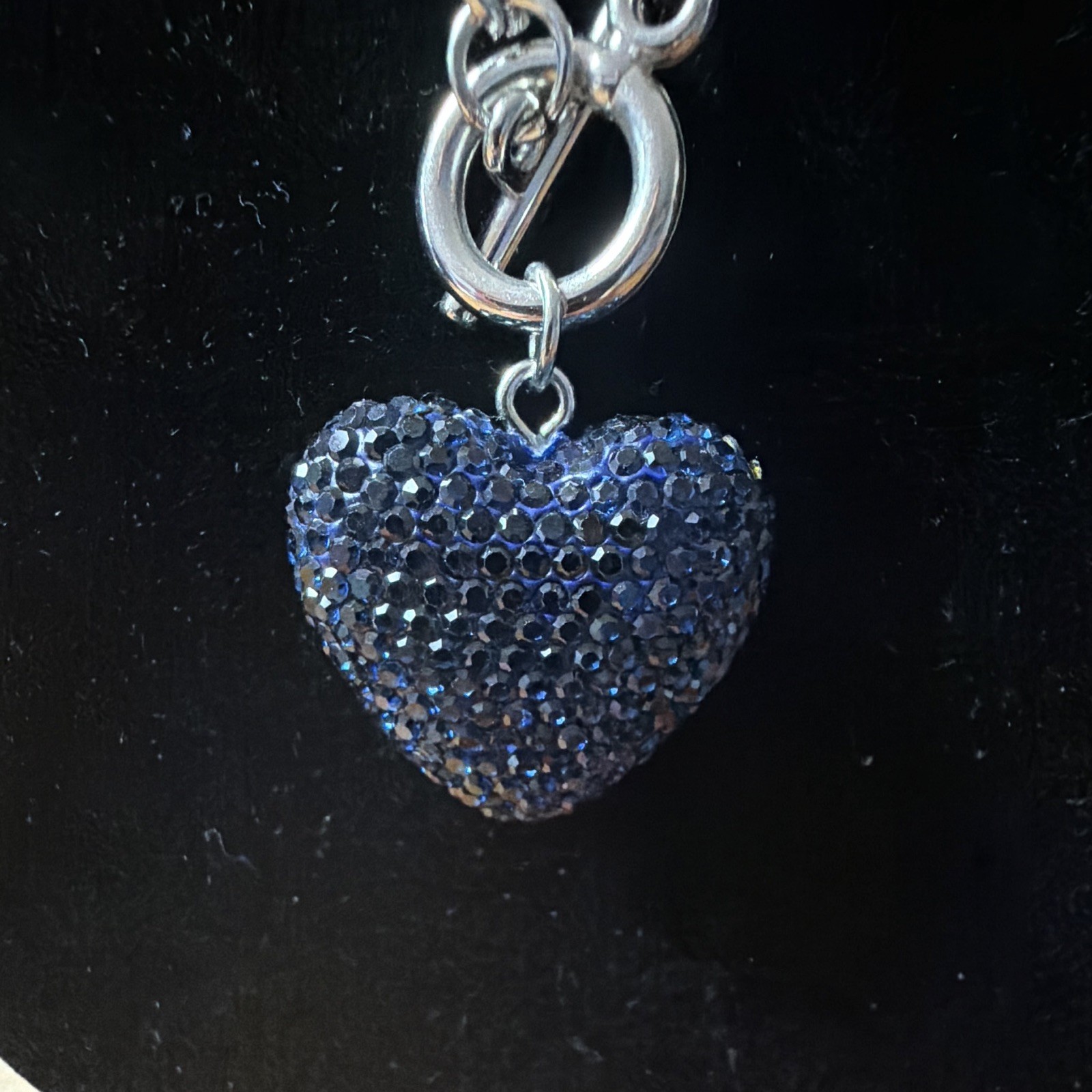 Silver Tone Layered Cable Chain Necklace, Blue Crystal Heart Charm Pendant