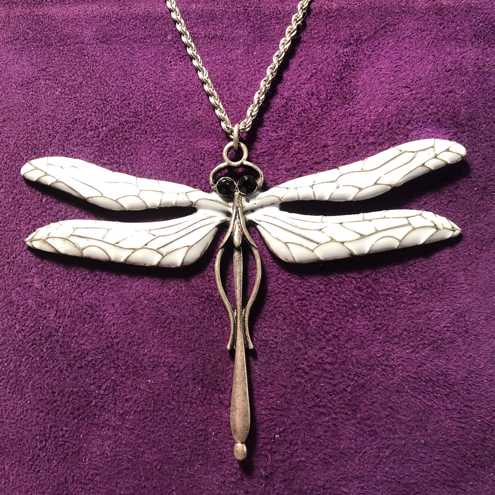 Dragonfly Enameled Necklace 3.75” Wide. 2 1/2” Long Silver Tone