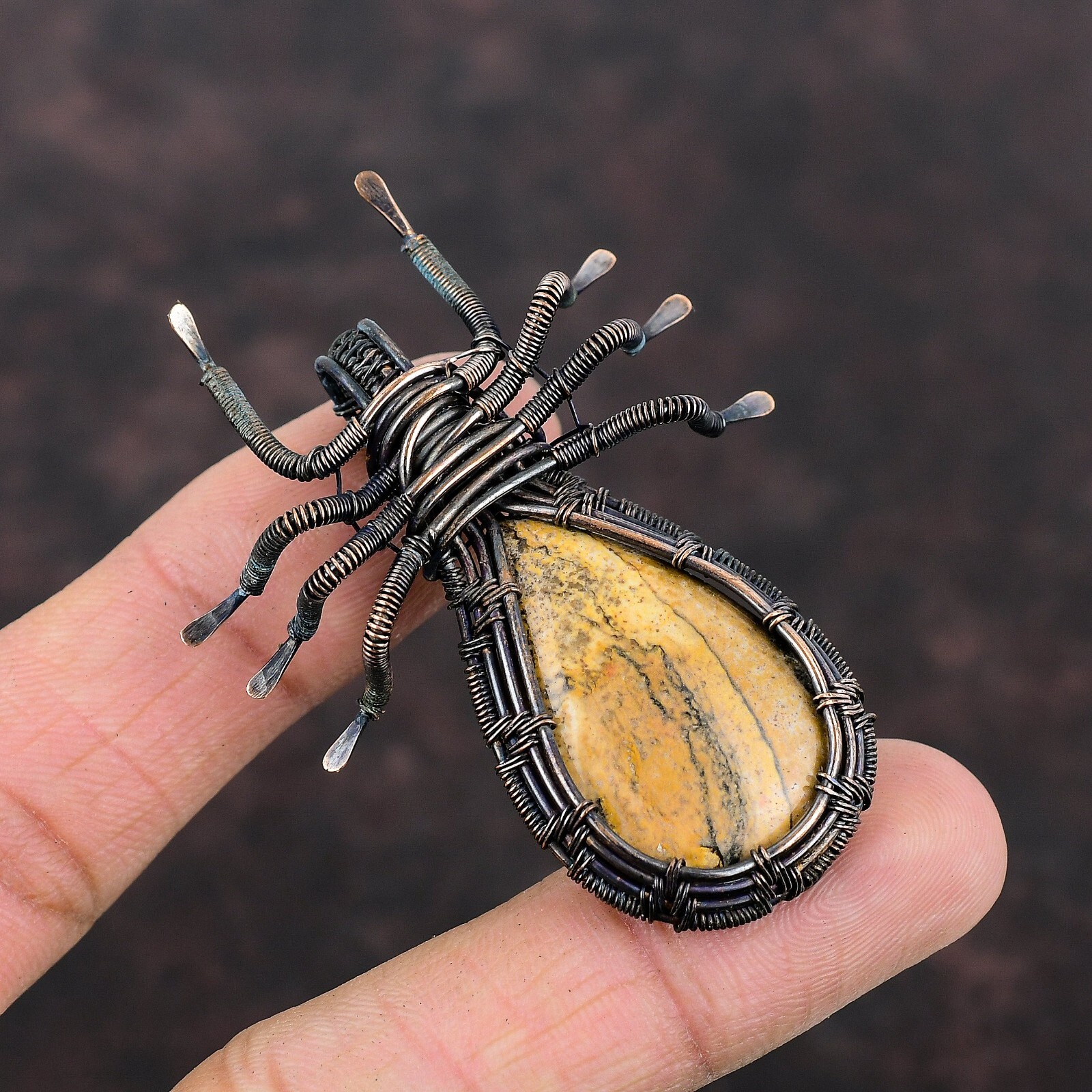 Picture Jasper Wire Wrapped Spider Pendant Handcrafted Copper Partywear 2.44″