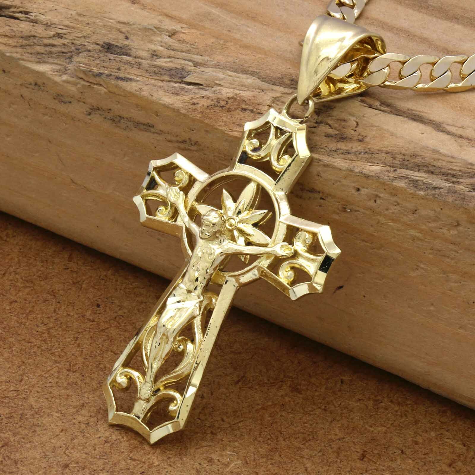 Mens 18k Gold Plated Brass Jesus Curve Cross Pendant 6mm 24″ Cuban Chain