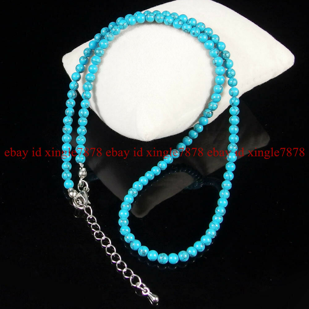 Small 4mm Natural Blue Turquoise Round Gemstone Beads Necklace 20″ AAA