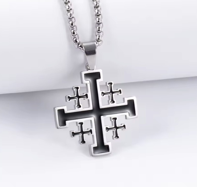 Stainless Steel Silver Jerusalem Cross + 50cm (19.7in) 3mm chain