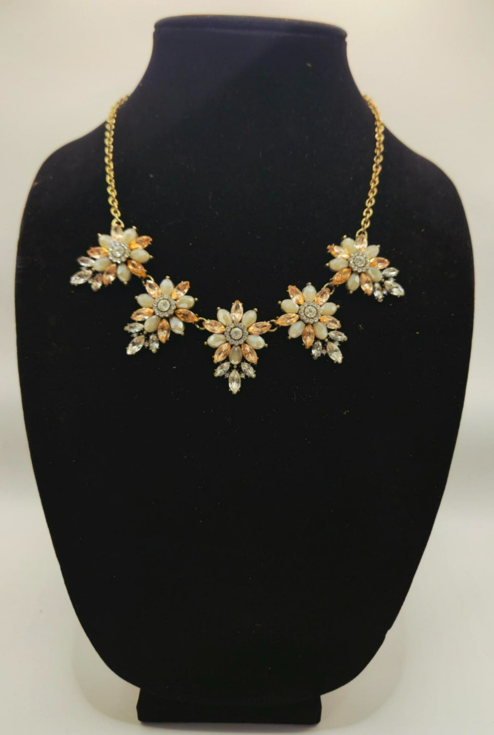J.Crew Gold Tone Peach & Cream Crystal Floral Bib Statement Necklace