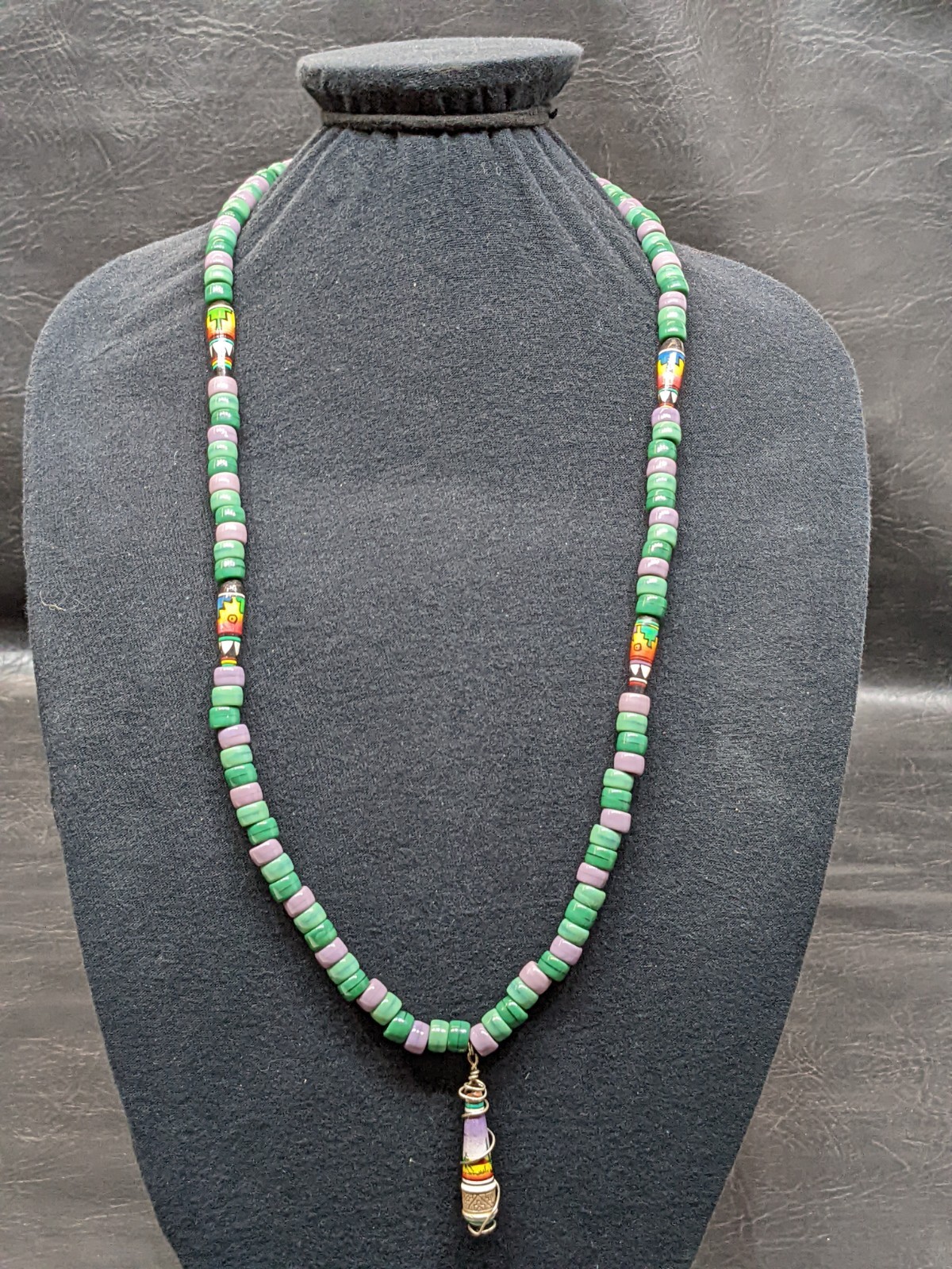 Handmade Glass Bead Tribal Necklace Aztec Ethnic Boho Pendant Long ~30″