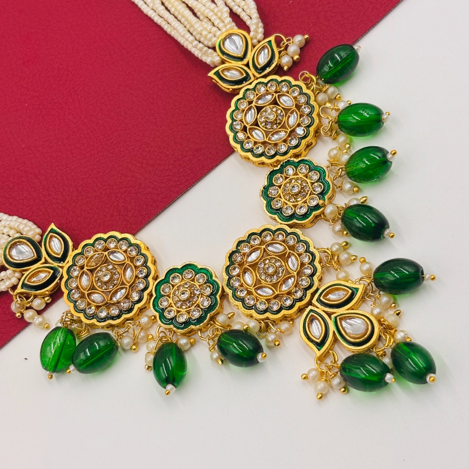 Gold Plated Pearl Statement Necklace Set Indian Bridal Jewelry for Women