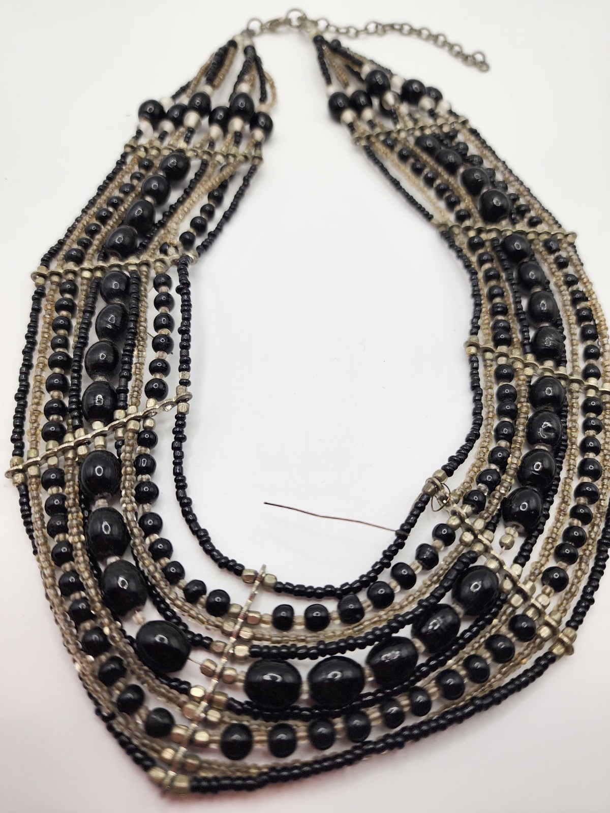 Black Silver Glass Beaded Statement Necklace Multi-Strand Lobster Closure