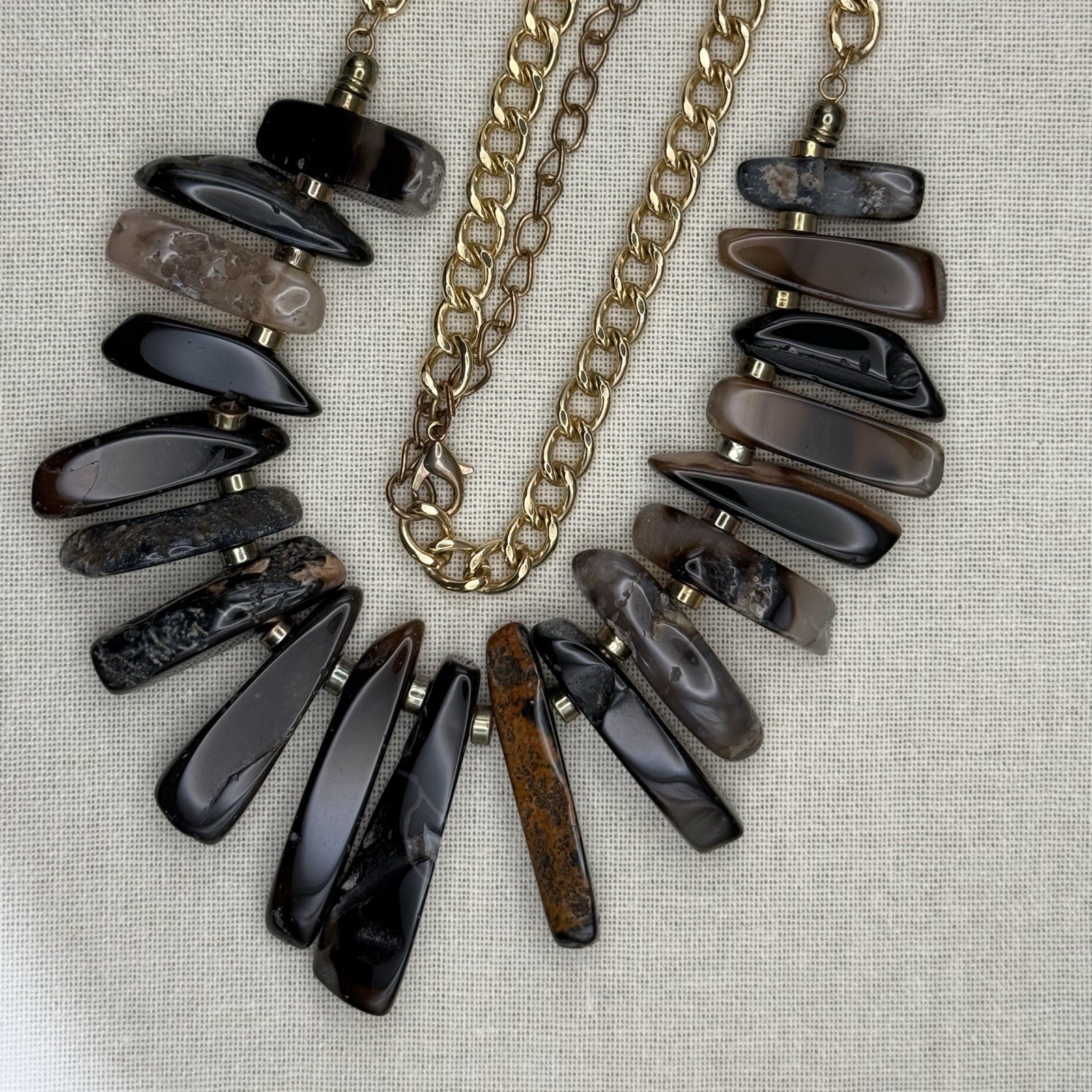 Stone Slice Collar Statement Bib Necklace Brown Black Grey 22″ Artisanal Earthy