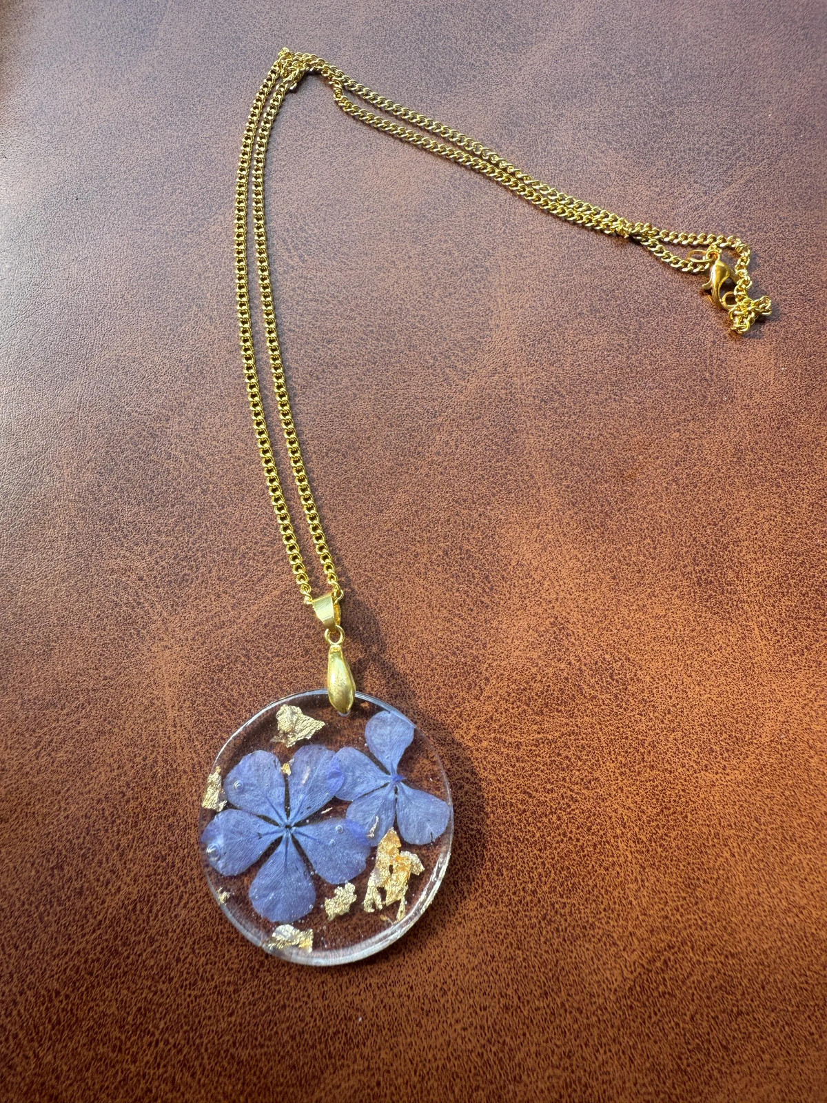 Real Purple Flower Resin Necklace | Gold Flake Design | Stainless Steel Chain