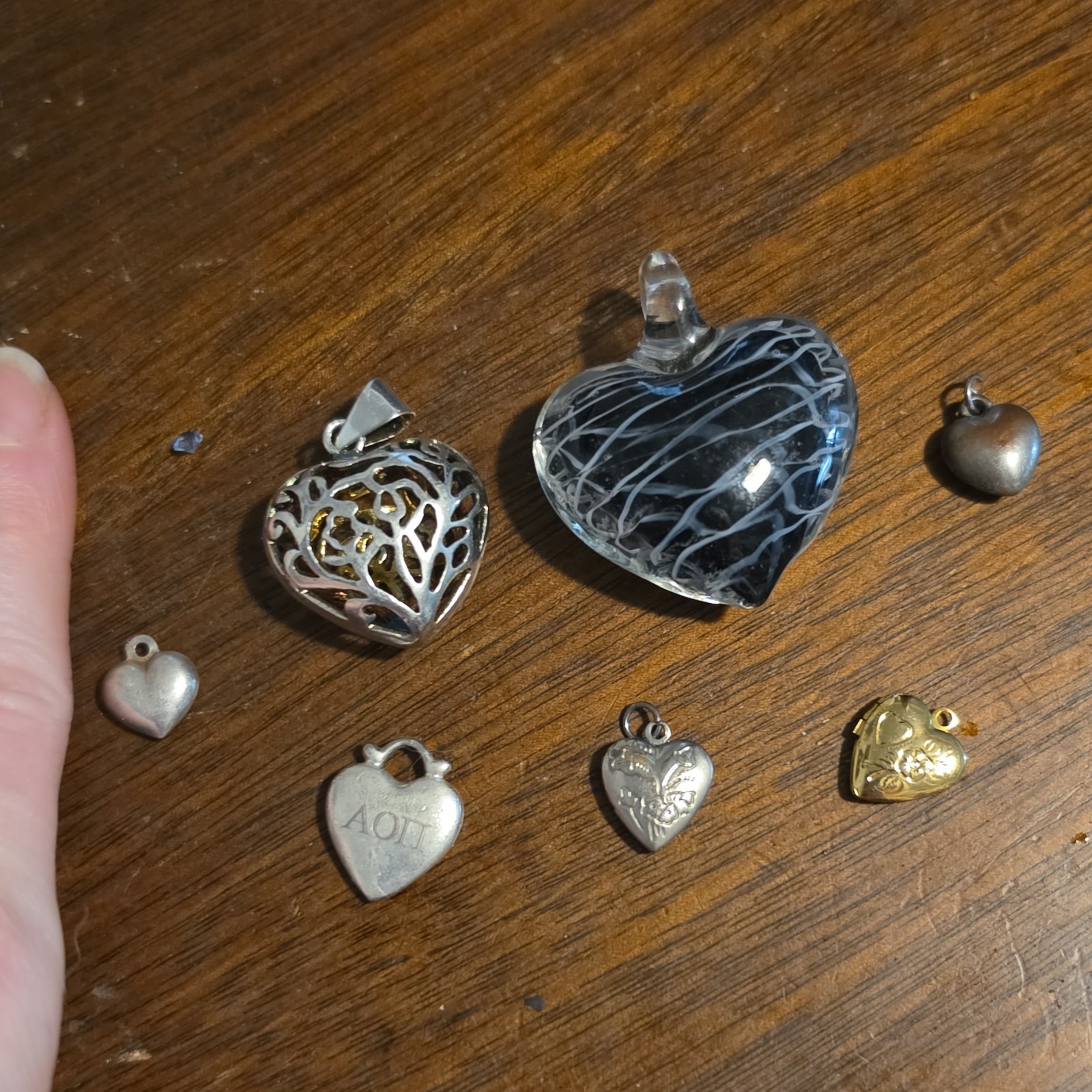 7 Lot Heart Photo Locket Charm Pendants, Metal/Glass, Silver Gold Black Clear