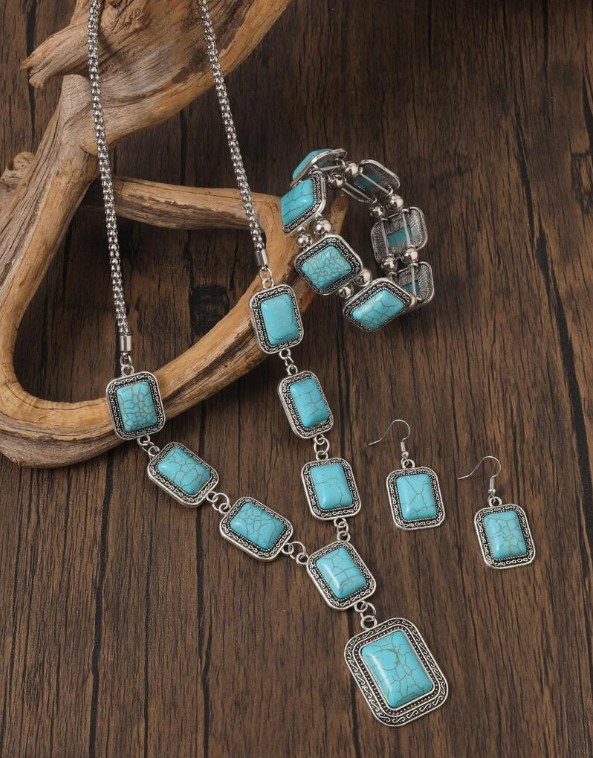 WESTERN-4Pcs Bohemian Retro Set, Faux Turquoise Necklace, Bracelet, and Earrings