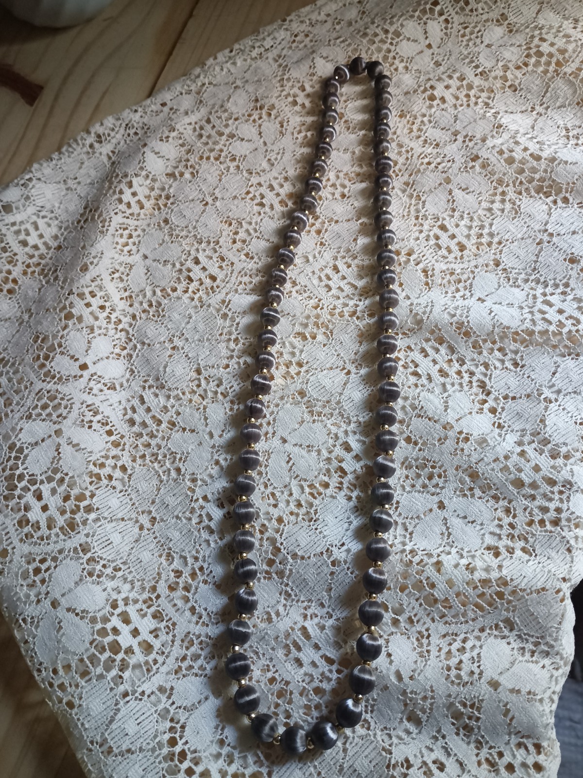 vintage Gray Beaded Necklace Round Beads Gold Tone Spacer Beads 16in No Stone