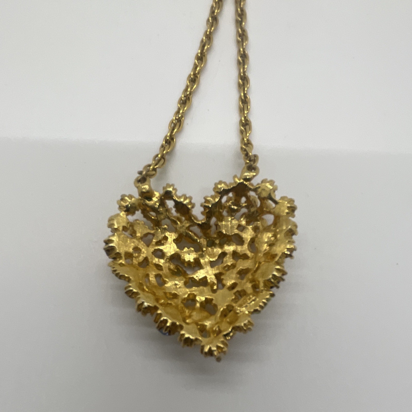Vintage Arthur Pepper ART Floral Heart Rhinestone Necklace Signed Gold Tone