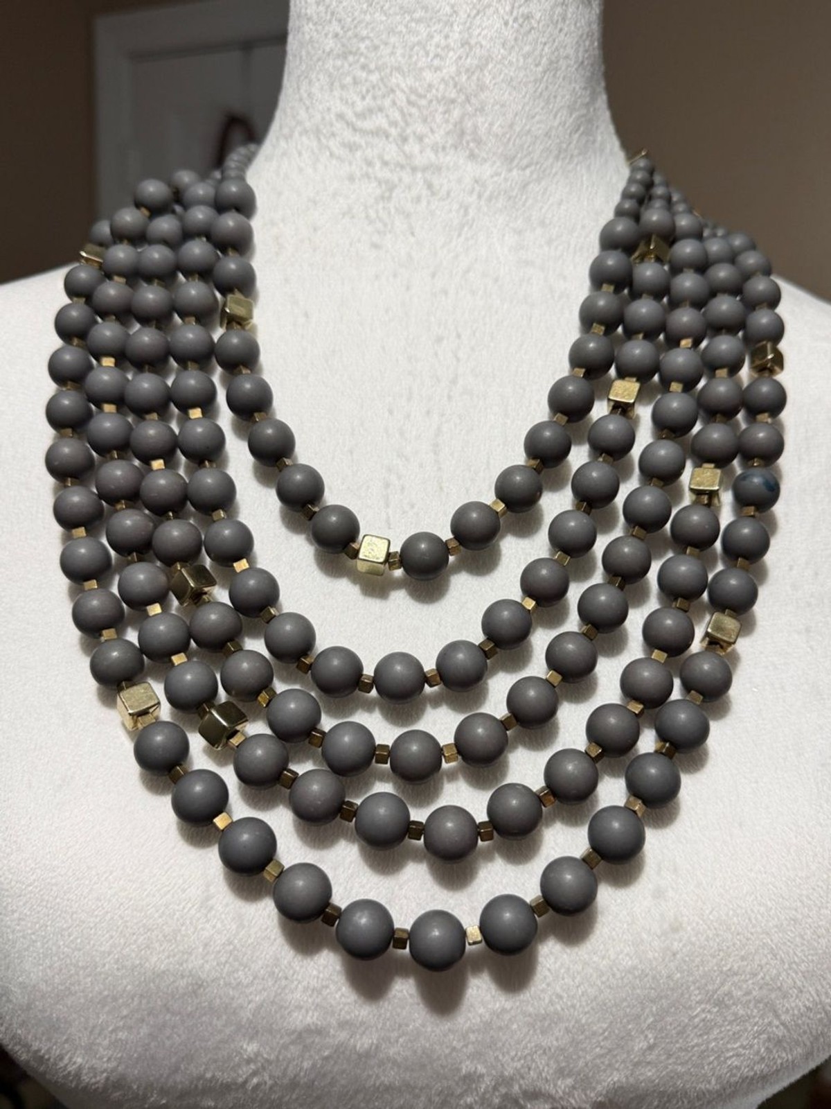 Boho Chunky Layered Gray Bead Statement Necklace W/ Gold Accents
