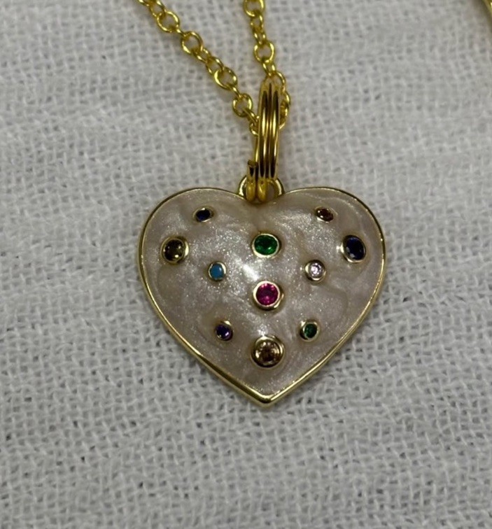 Enamel Heart multi colored stones Pendant on gold tone chain necklace
