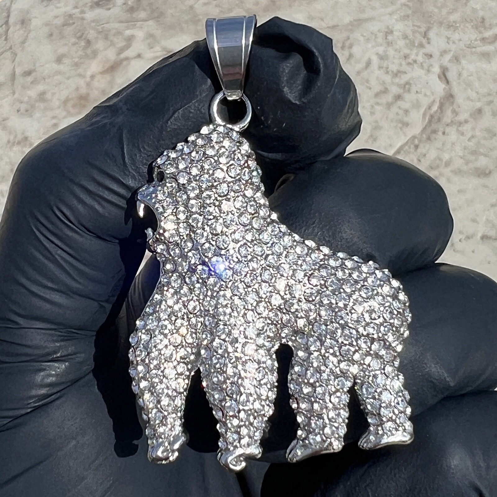 316L Stainless Steel Gorilla Emoji Hip Hop Pendant Iced CZ Blinged Out Ape Charm