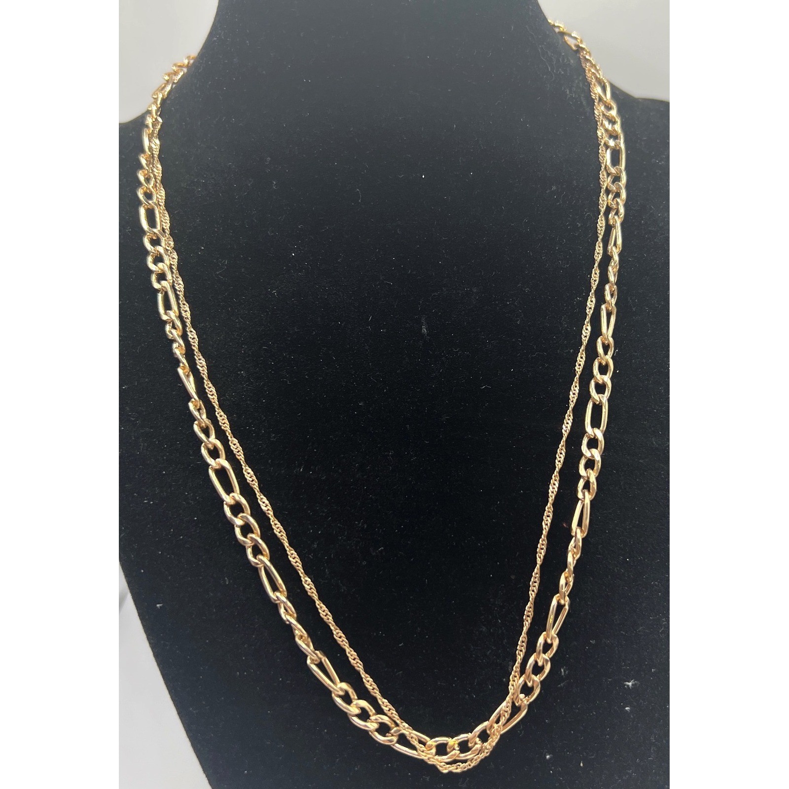 Gold Tone Double Chain Layered Necklace Figaro & Rope 17-20″ Minimalist