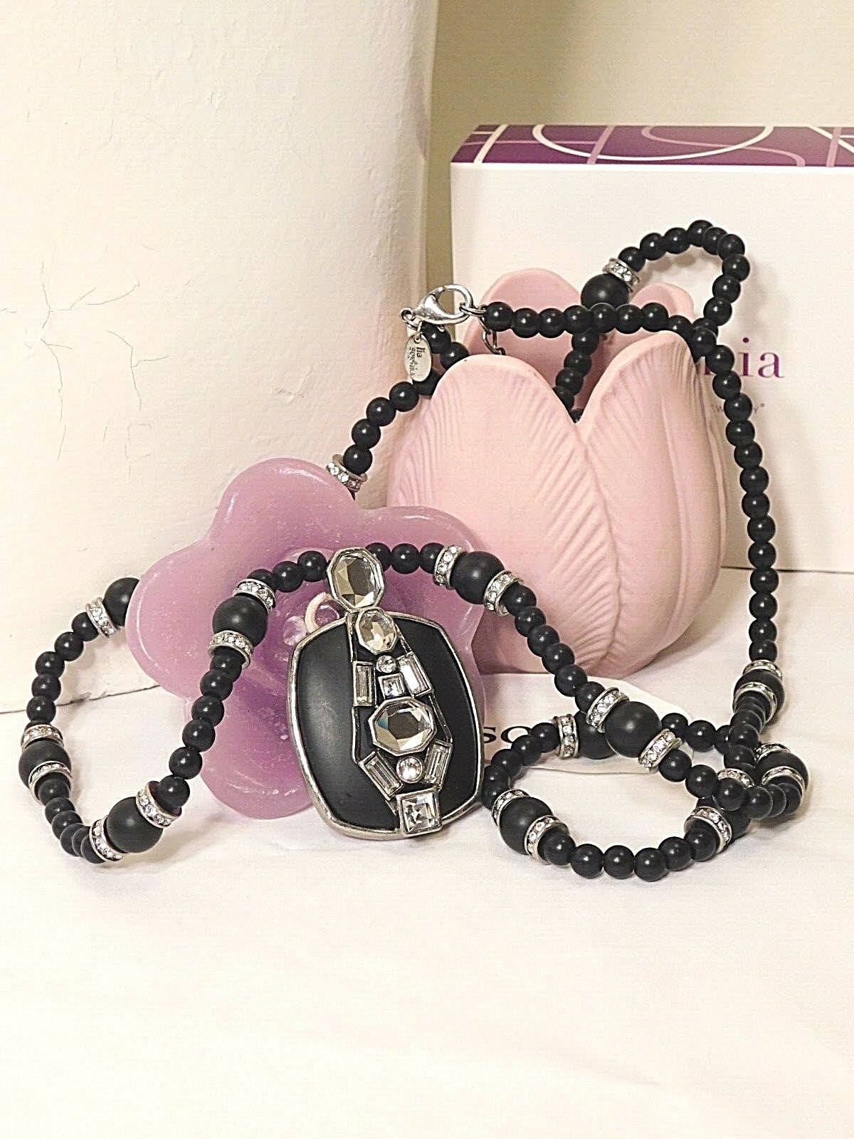 Beautiful Lia Sophia All-Black “TONI ANN” Necklace, 36-39″, Cut Crystals, NWOT