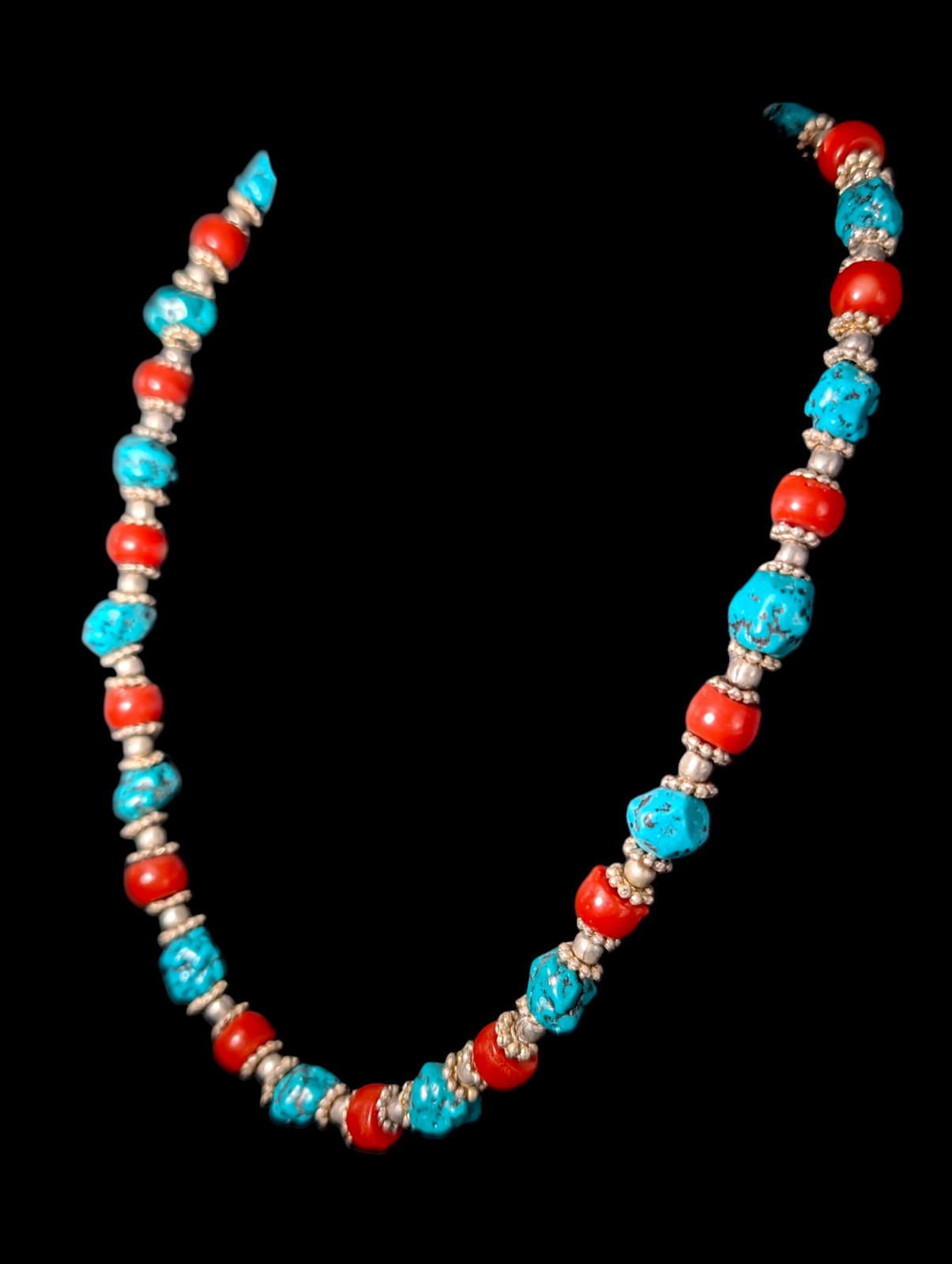 Vintage Faux Turquoise and Faux Coral Silver Tone Beaded Necklace
