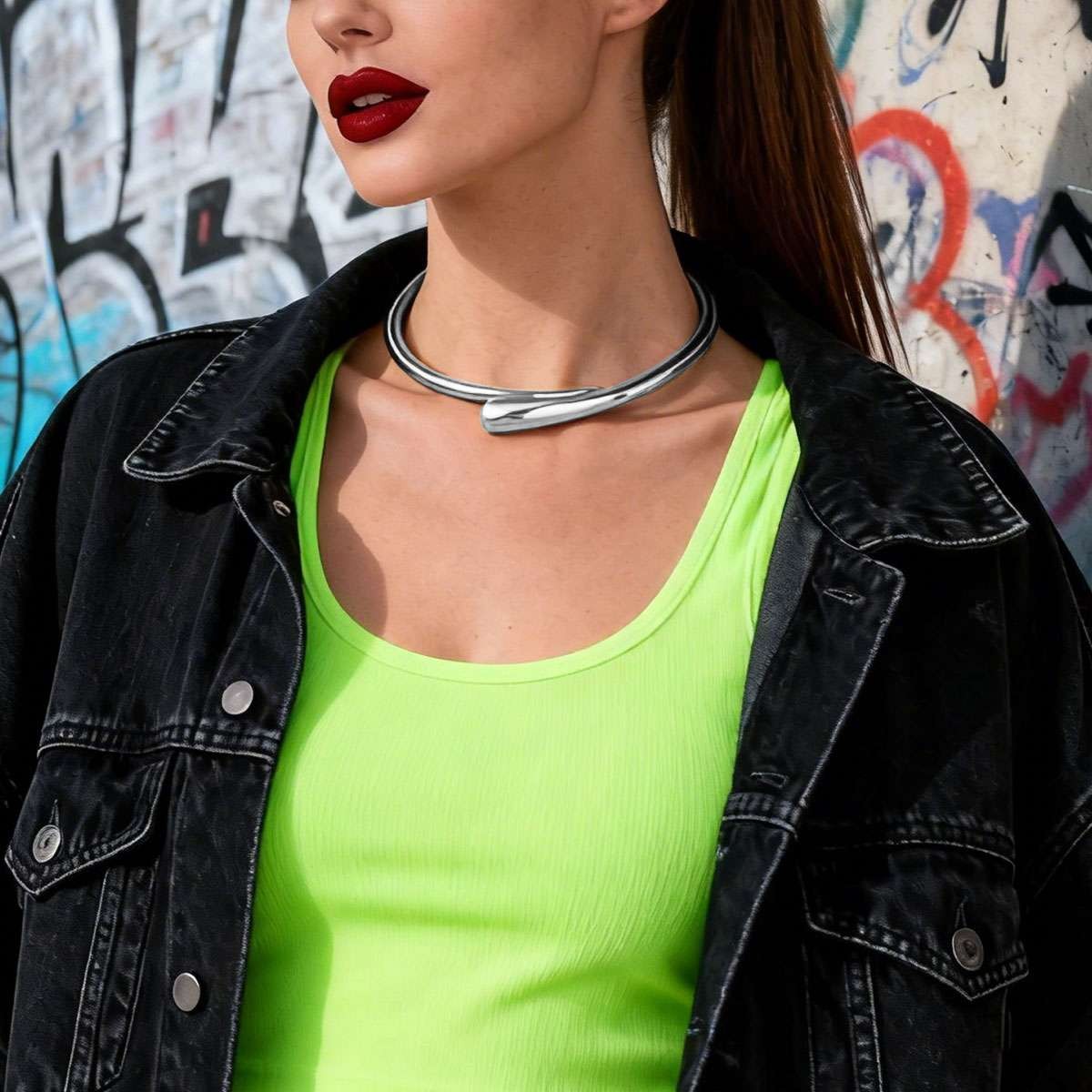 Statement Chunky Collar Necklace for Women ,Teardrop Open Cuff Choker with Sprin