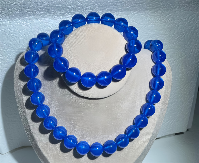 High Quality AAAA+ Blue Star Sapphire Lab-Created 8mm Beaded Bracelet Necklace