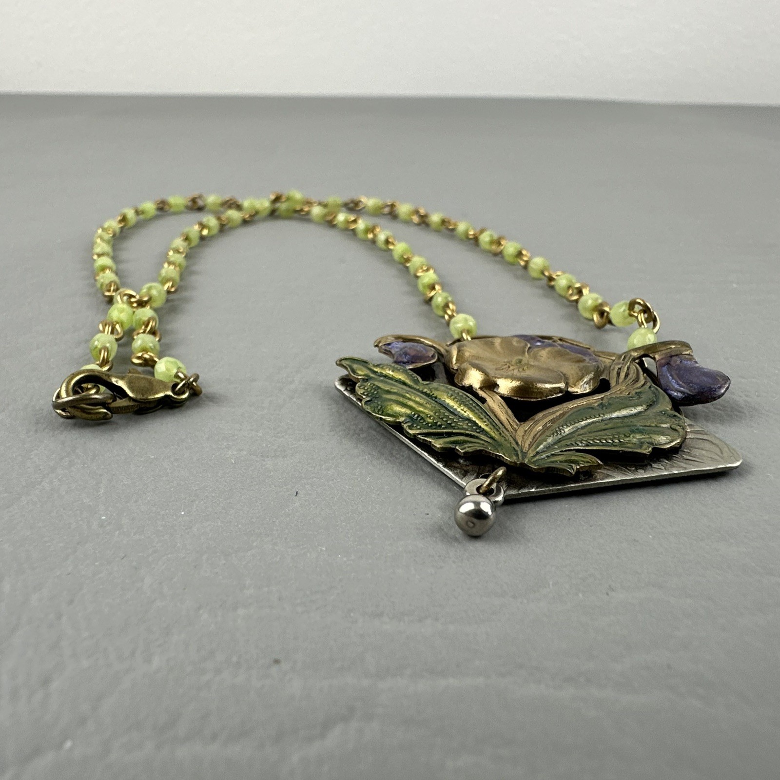 Art Nouveau Style Floral Necklace Green Beads Pansy Pendant Dainty 17″