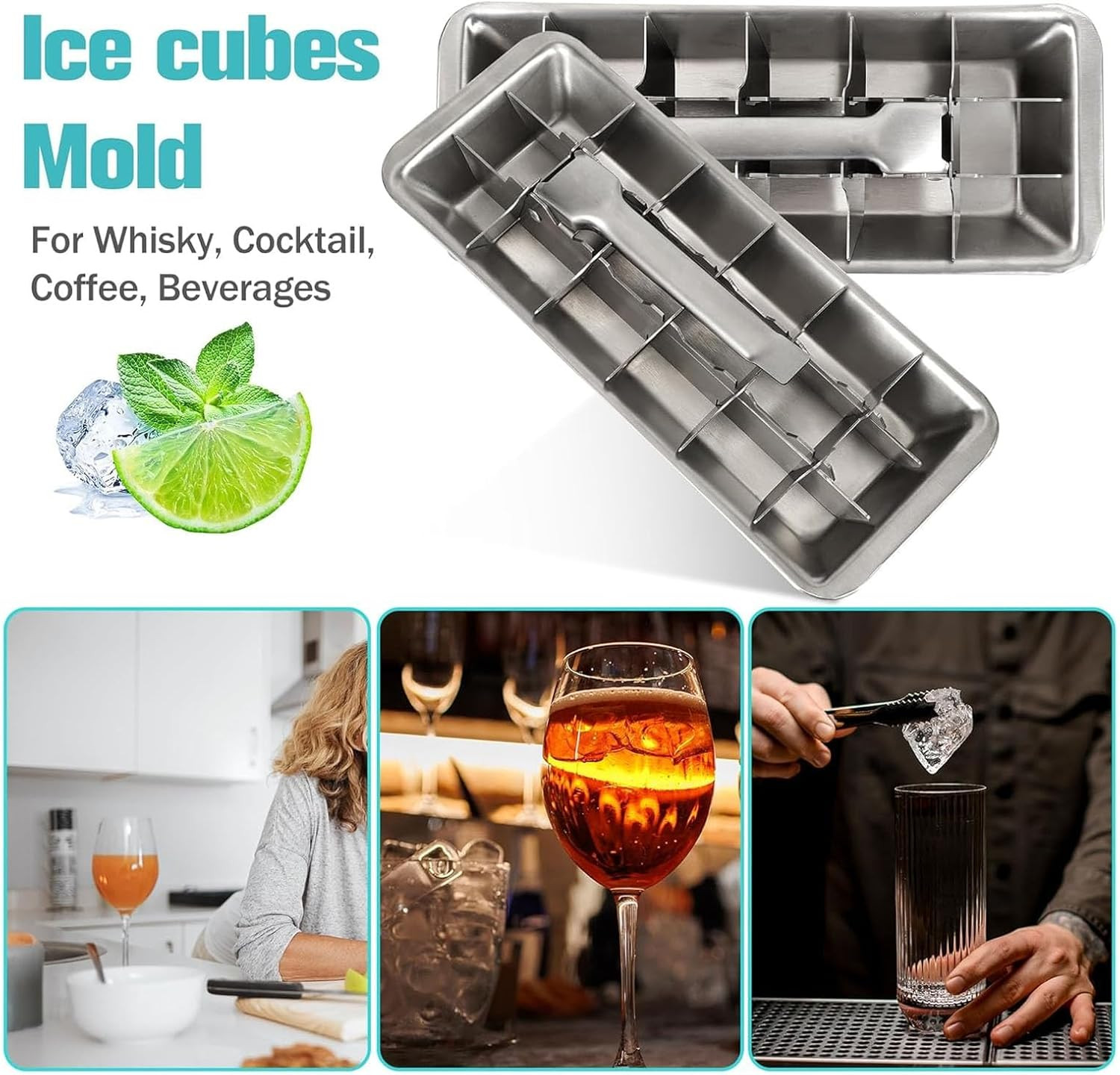 Stainless Steel & Metal Ice Cube Trays with Handle – 18-Slot Small Ice Cube Mold