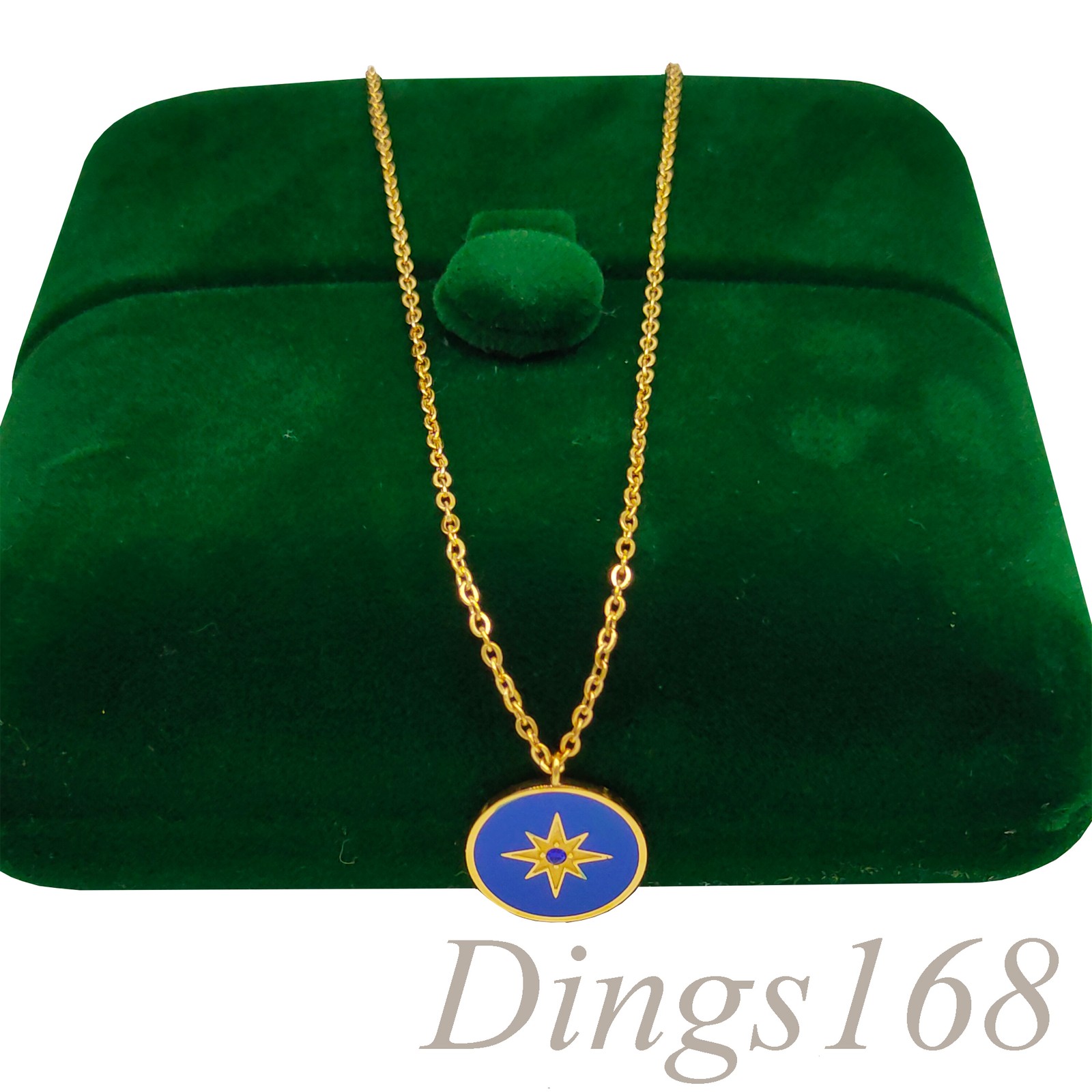 18K Yellow Gold Filled Tarnish-Resistant Necklace+ Blue Simulated Enamel Pendant
