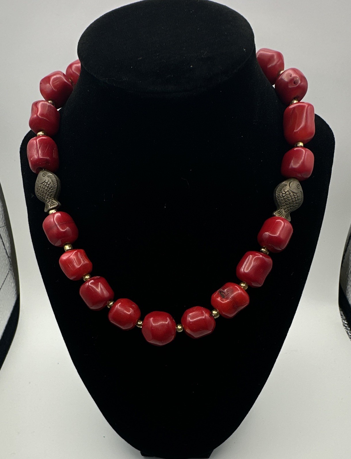 Red Plastic Metal Beaded Necklace Fish Links Spacer Hook Clasp