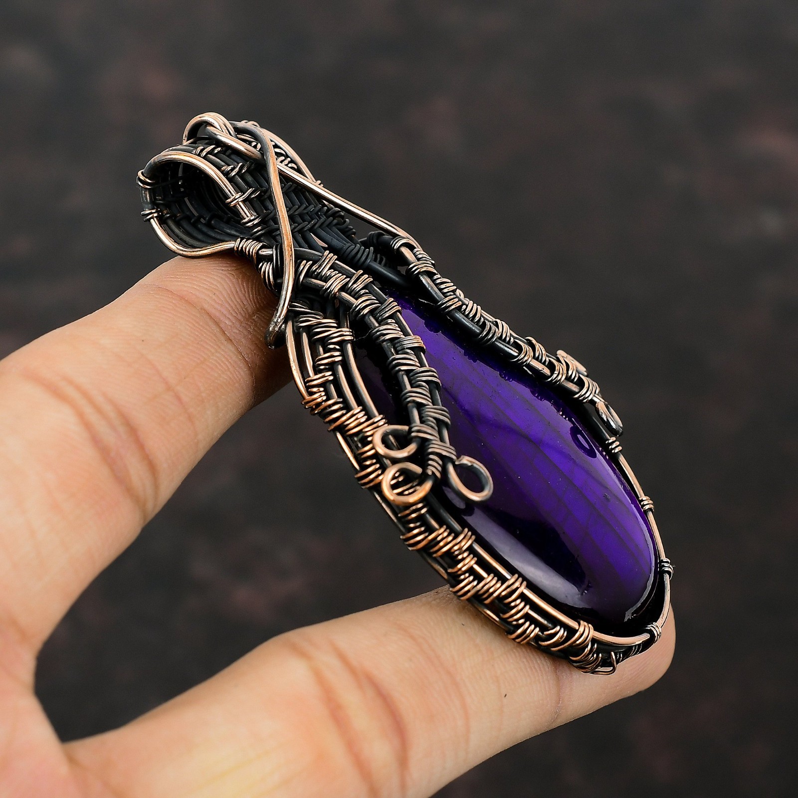 Oval Natural Purple Fire Labradorite Wedding Wire Wrapped Pendant Jewelry Copper