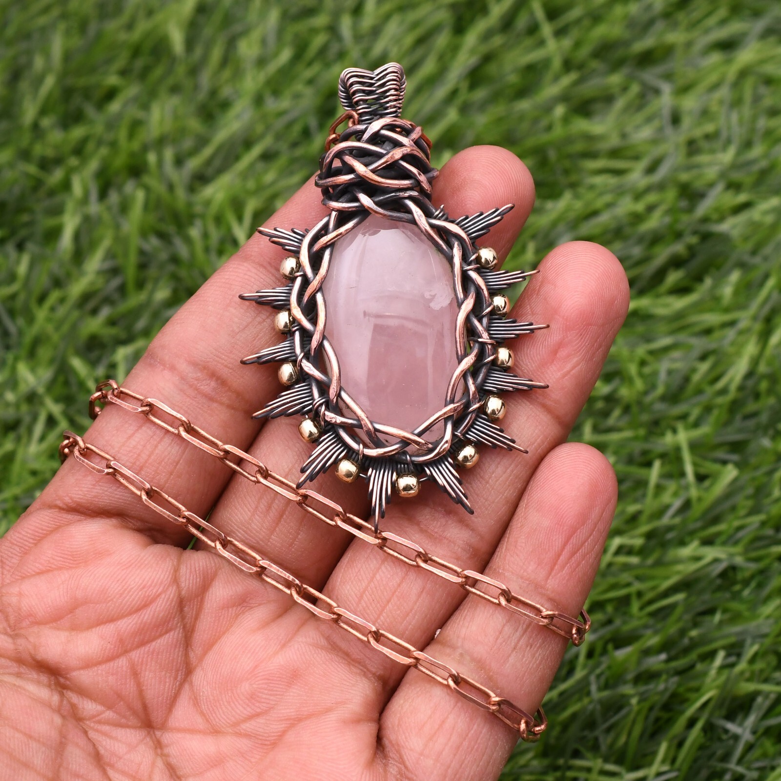 Natural Rose Quartz Gemstone Copper Wire Wrap Handmade Jewelry Pendant 2.28″