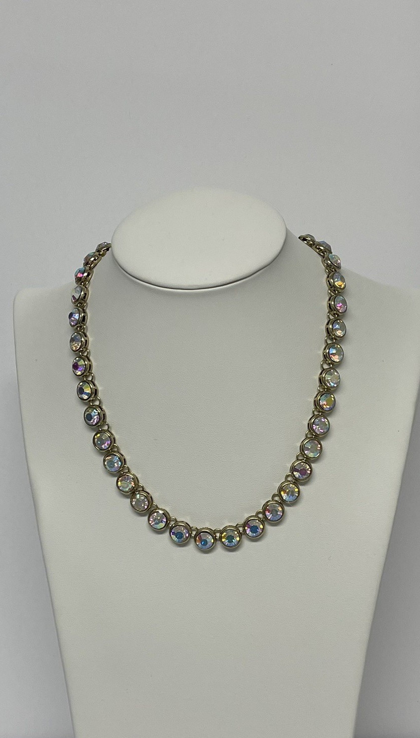 Claire’s Gold Tone Iridescent Aurora Borealis Rhinestone Necklace 16″ w/4″ ext.