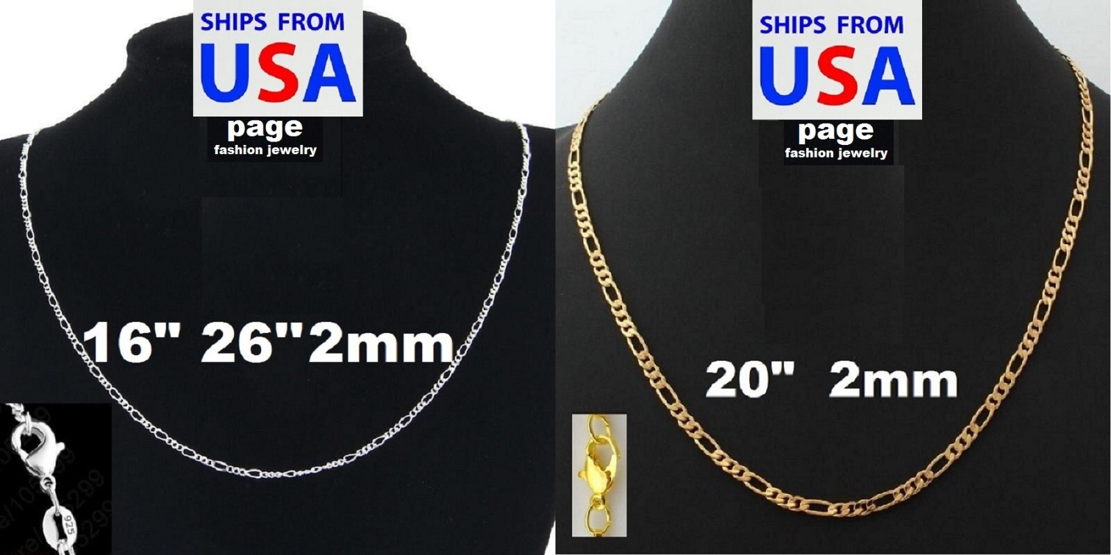 US Seller- 925 Sterling Silver- 18K Gold- Plated 2mm Italy Figaro Chain Necklace