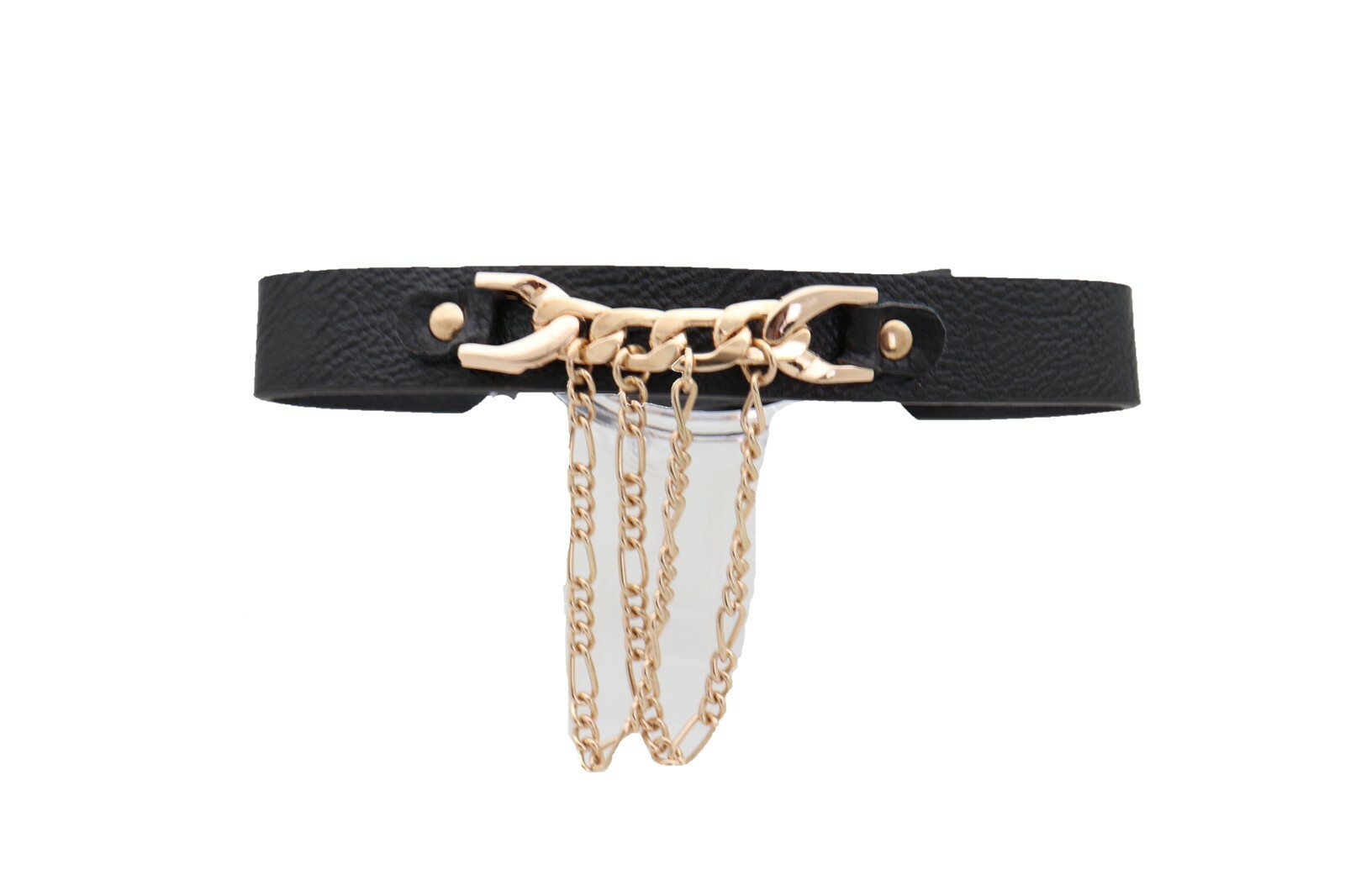 Women Fashion Gold Color Metal Chain Links Black Strap Choker Necklace Jewelry