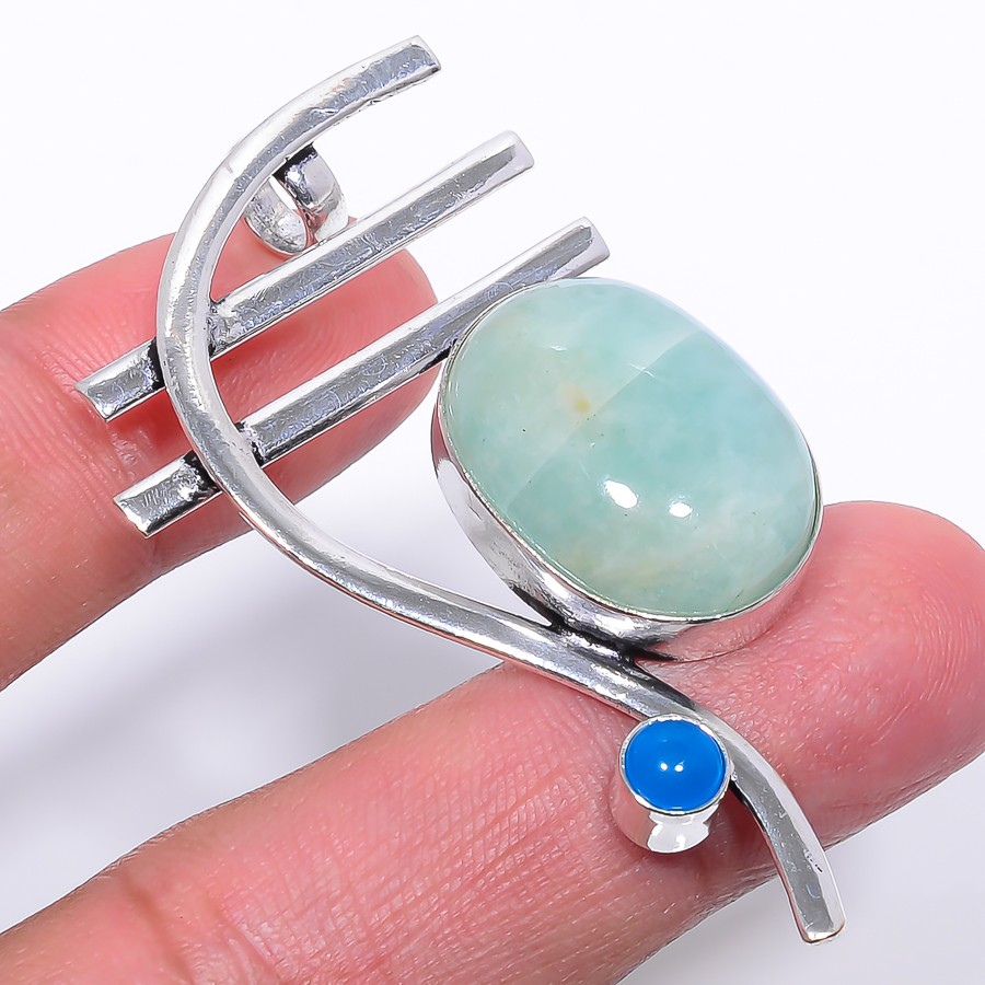 Natural Amazonite – Russia & Chalcedony 925 Silver Plated Pendant 2.34″ S1988