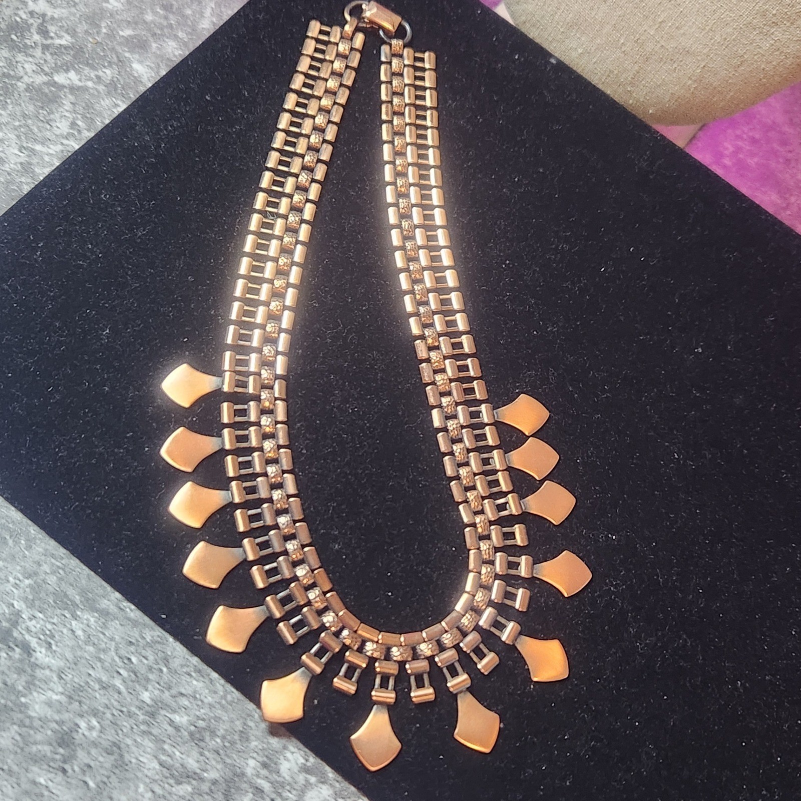 Vintage Copper Tone Geometric Fringe Collar Statement Necklace Hammered Links